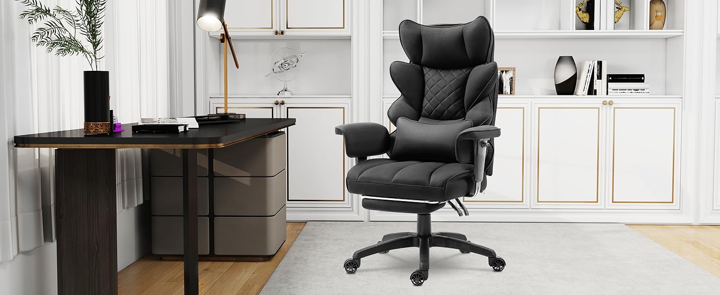 Ігровий крісло Dowinx, ергономічний офісний крісло з кишеньковим пружинним сидінням, крісло для начальника з подвійною м'якою спинкою та регульованою поперековою подушкою, підлокітниками та підставкою для ніг (Чорний, тканина)