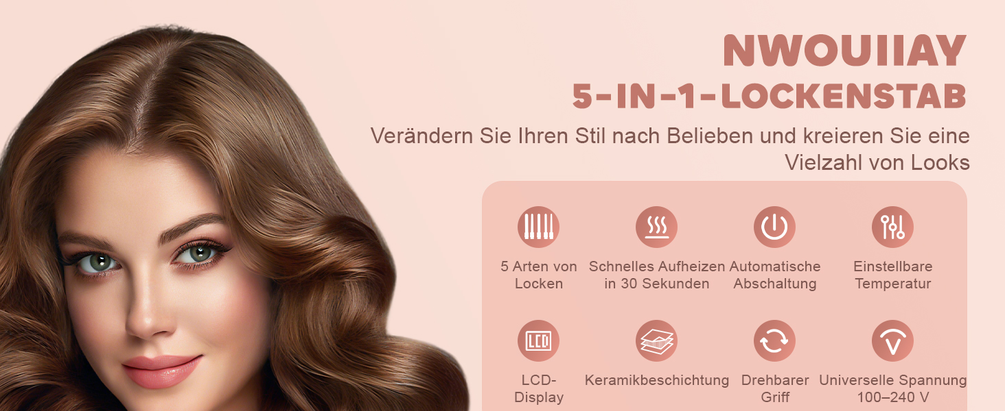 Локкенштаб NWOUIIAY 6 в 1 з LCD-дисплеєм, керамічним покриттям, набір для створення локонів, багатофункціональне змінне насадки, для великих та маленьких локонів, з рукавичками, регулювання температури (колір шампань)