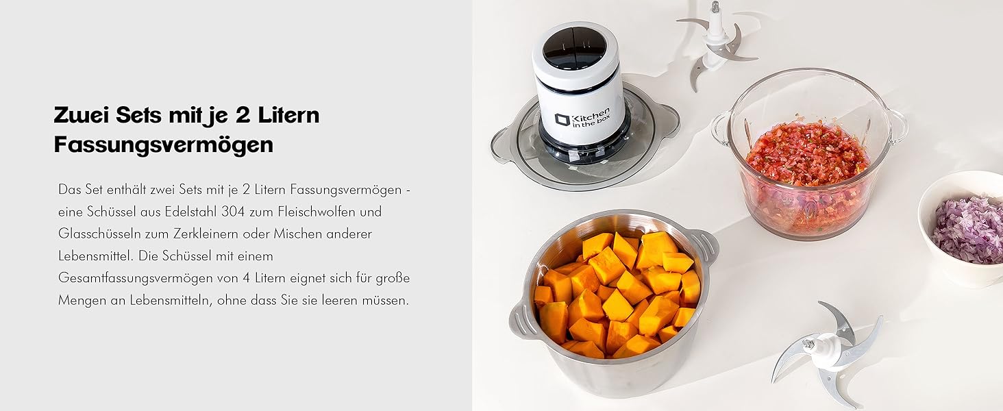 Електричний подрібнювач Zerkleinerer 400W з двома чашами 2л + 2л та двома лезами з нержавіючої сталі для м'яса, овочів, фруктів - білий