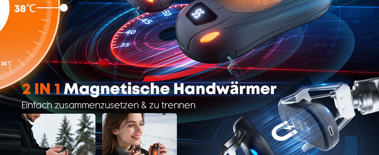 Електричний гріє для рук 2 шт. 12000 mAh з магнітним двостороннім нагріванням та цифровим дисплеєм температури та заряду батареї для відпочинку на природі/кемпінгу, чорний