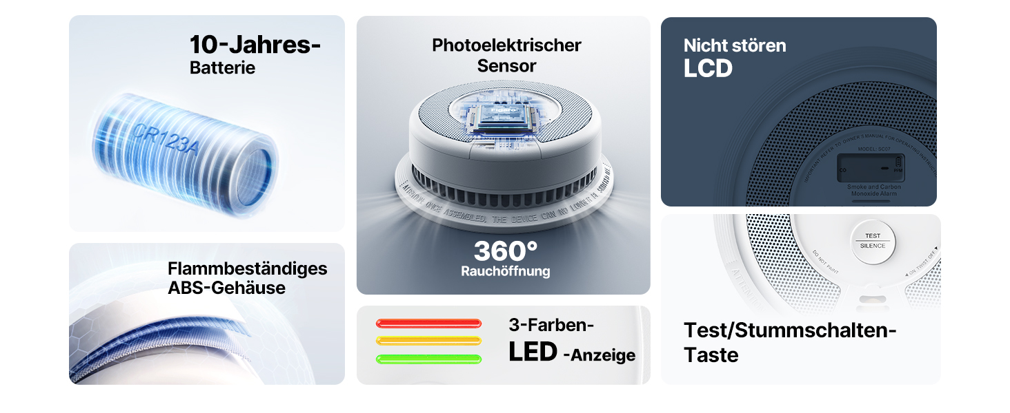 Датчик диму та CO X-Sense SC07 з LCD-дисплеєм, автономний, 10 років, з тестуванням, 360°