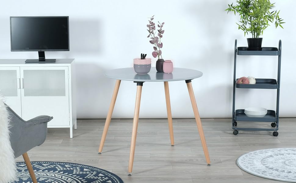 Круглий стіл DORAFAIR: скандинавський кухонний стіл, MDF, білий, 80x80x72 см, 4 ніжки, сірий