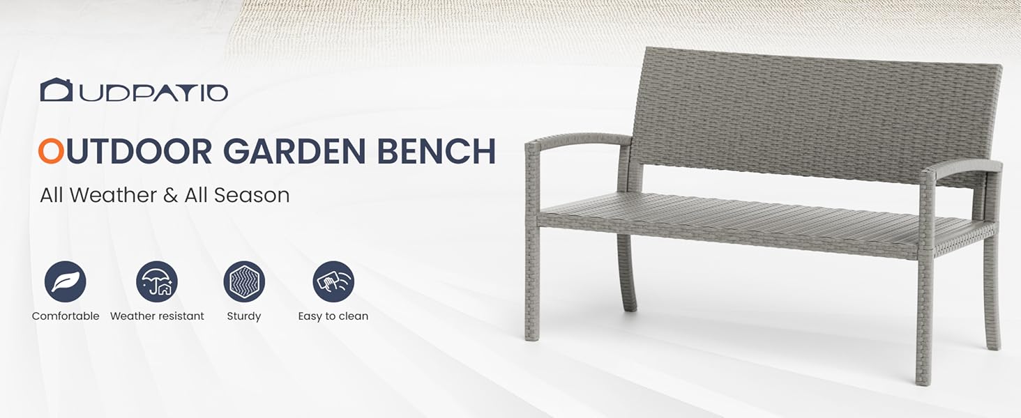 Садова лавка з поліротангу UDPATIO для тераси, балкону та саду (123x63x86 см, сіра). Міцна (до 320 кг) з спинкою та підлокітниками