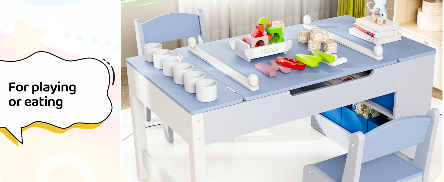 Дитячий стіл MAMIZO з 2 стільцями: дерев'яний стіл для ігор з місцем для зберігання, комплект меблів для дітей, стіл для малювання та рукоділля, від 3 років (блакитний)