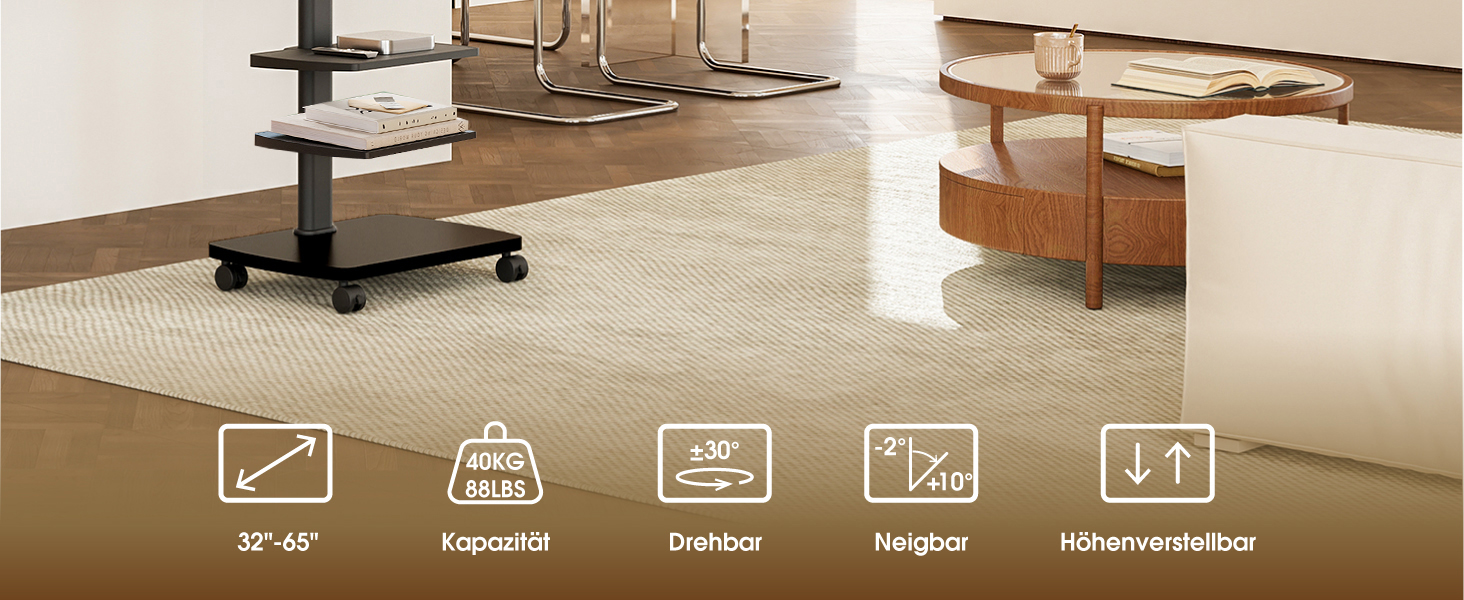 Підставка для телевізора мобільна з поличками Holz, 32-65 дюйми, чорна, VESA 400x400, до 40 кг