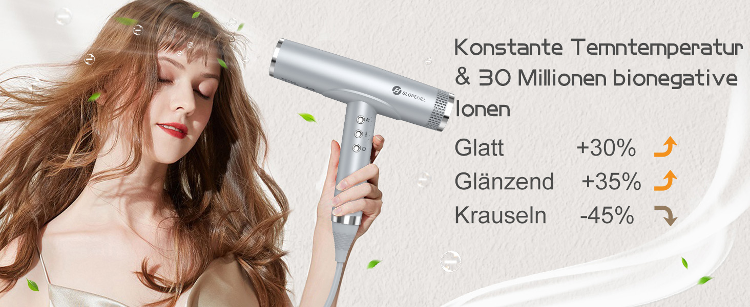 Іонний фен для волосся Slopehill з безщітковим двигуном 110 000 об/хв, біокерамічне покриття та магнітним дифузором, світло-сірий