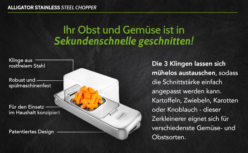 Подрібнювач для овочів ALLIGATOR 3094 з нержавіючої сталі з контейнером - для овочів, цибулі та картоплі фрі - 3 змінні леза (3x3 мм, 6x6 мм, 12x12 мм) - Без BPA