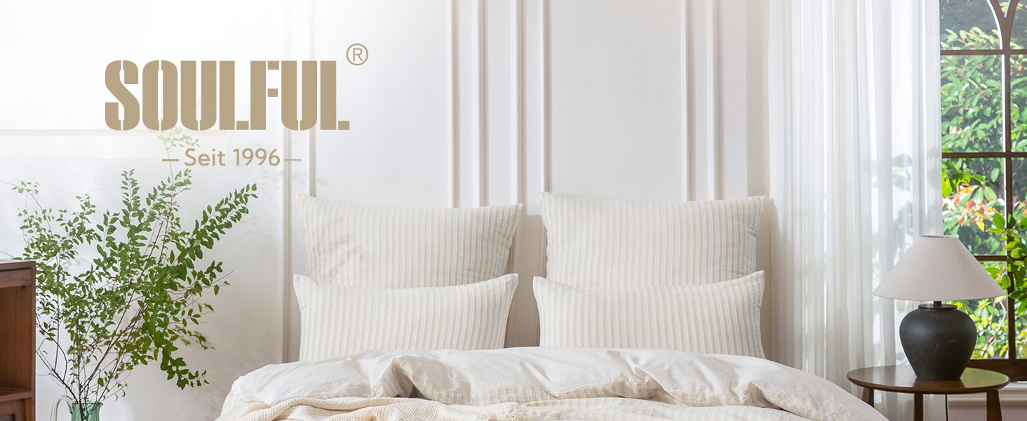 Набір постільної білизни SOULFUL 200x200, бавовна, смужка, жаккард, бавовна преміум-якість, сертифікат Öko-Tex 100, джинсовий блакитний (льон-сірий & білий), 2 шт. 40x80 см