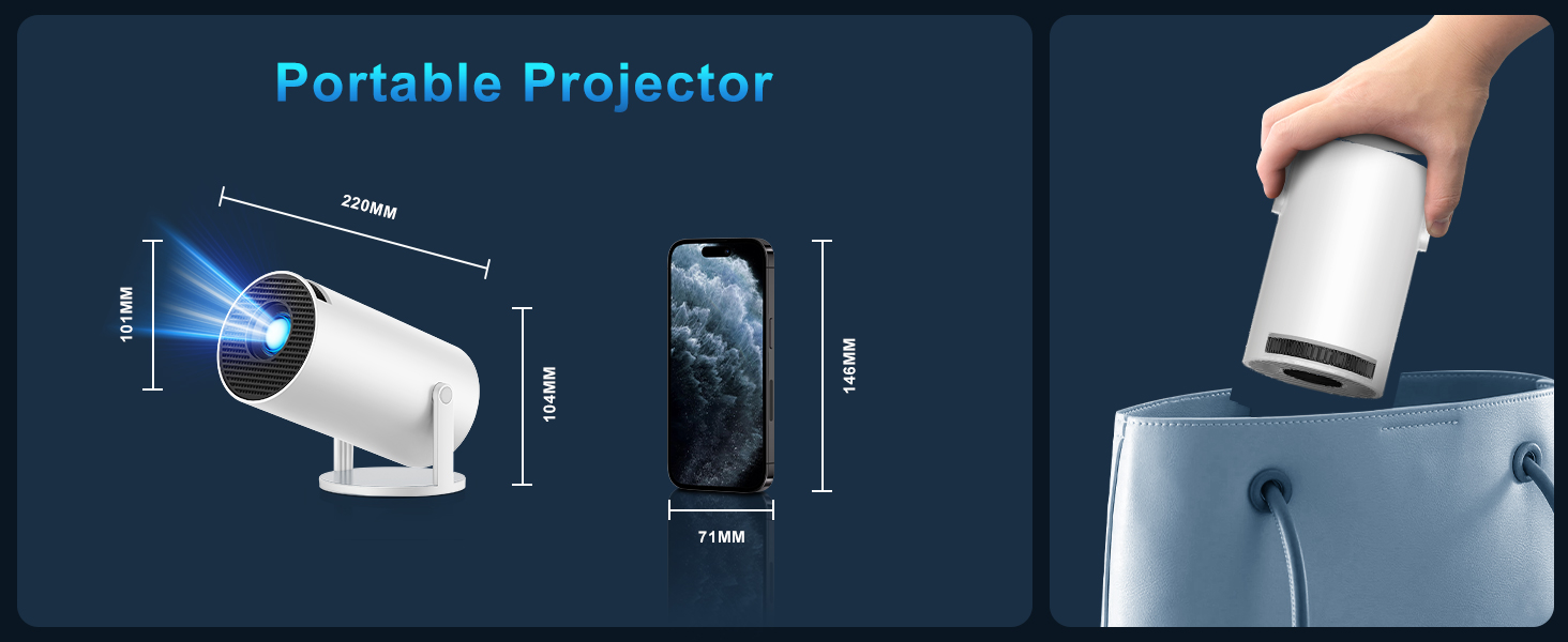 Портативний проєктор Mini Beamer 4K з підтримкою WiFi 6 та Bluetooth 5.4. Підходить для Android 11, HDMI, TV Stick, Laptop. Автоматичне регулювання Keystone, обертання 360°. Модель HY300PRO