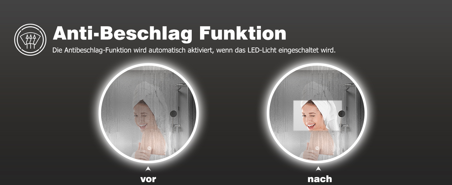 LED дзеркало для ванної кімнати Aica Sanitär, кругле, 50 см, з підсвічуванням (холодне/нейтральне/тепле світло), диммування, функція пам'яті, сенсорне управління, запобігання запотіванню, автоматичне вимкнення