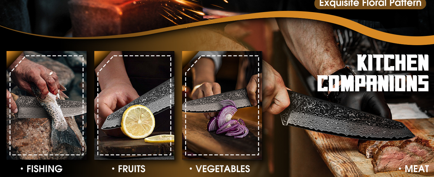 Ніж кухарський Damast від TAN REN, професійний ніж з дамаської сталі, з подарунковою коробкою, ручної роботи, для м'яса, надзвичайно гострий