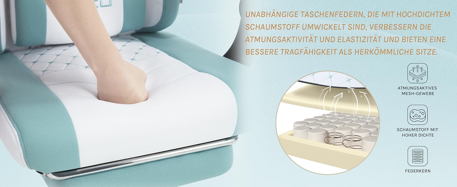 Ігровий крісло WOLTU з масажем, комп'ютерне ергономічне крісло, кишенькові пружинні подушки, масаж попереку, підголовник, підніжка, поворотне крісло, 150 кг, Рожевий+Білий, сітчаста тканина