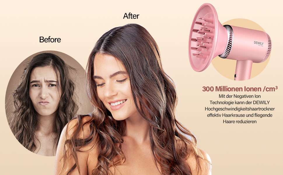 Іонний фен для волосся DEWILY з безщітковим двигуном 110,000 RPM, магнітним дифузором та 2 насадками, рожевий