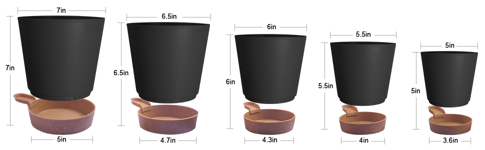5 горщиків з пластику з системою поливу, 17.8/16.5/15.2/13.9/12.7 см. Самополивні кашпо з підставкою, круглі горщики для квітів, сукулентів, кактусів, кімнатних рослин, балкона та саду, зелені (чорний, коричневий)