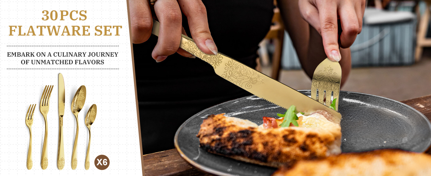 Набір столових приборів DRAGON RIOT Gold 30 предметів, нержавіюча сталь, для 6 осіб, з ножем, виделкою, ложкою. Підходить для дому, ресторану, вечірки.