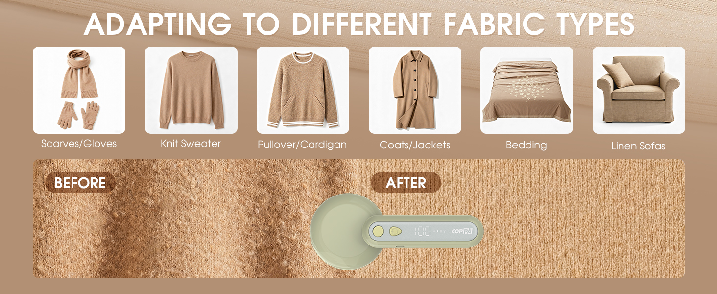 Електричний триммер для одягу COPPA, 6 лез, 3 швидкості, перезаряджається, з індикатором заряду, для пуловерів та одягу, білий (зелений)