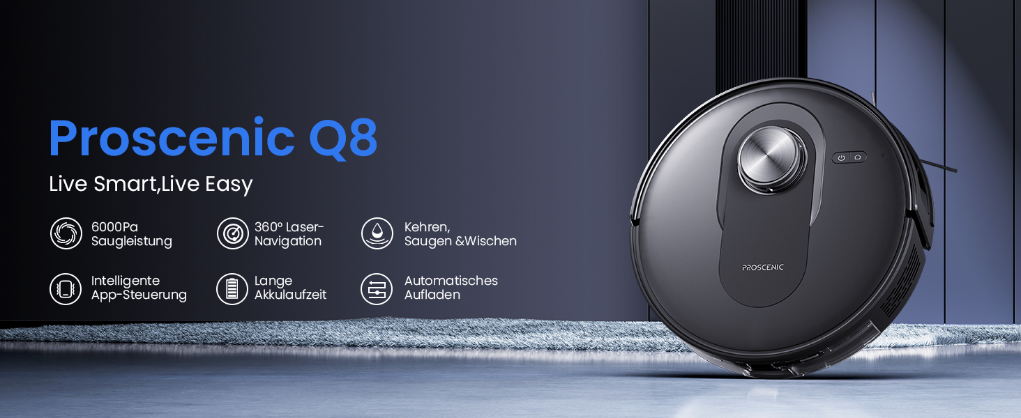 Робот-пилосос Proscenic Q8 з функцією миття, 6000Pa, 200 хв, потужний, з лазерною навігацією, 5 карт, керування через додаток, Alexa, Siri, IFTTT, Google, для підлоги та килимів, видаляє шерсть тварин