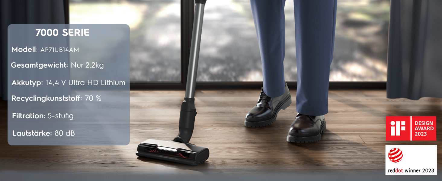 Акумуляторний пилосос AEG Serie 7000 Granitgrau: потужний, легкий (2,2 кг), ергономічний, з 70% перероблених матеріалів, до 50 хв роботи, 120 м², 2в1, 5-рівнева фільтрація, для всіх типів підлоги, автоматичний, сірий, AP71UB14AM