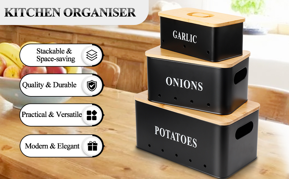 Набір контейнерів для зберігання картоплі, цибулі та часнику [3 шт] з бамбуковим кришками | З вентиляцією та захистом від світла | Чорний