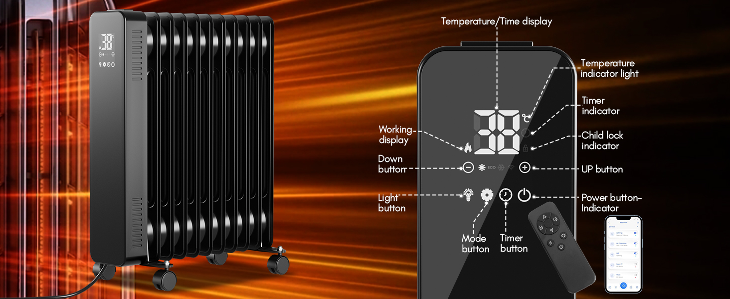 Електричний конвектор Daromigo 2000W з термостатом та WiFi, IP24, настінний, інфрачервоний, чорний