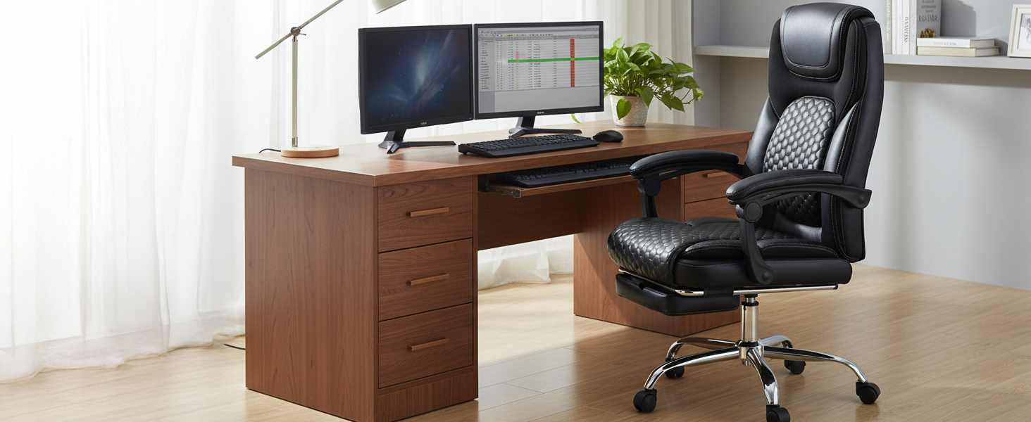 Крісло офісне шкіряне з масажем та підігрівом, регульоване, з підніжкою - для офісу та дому, чорне