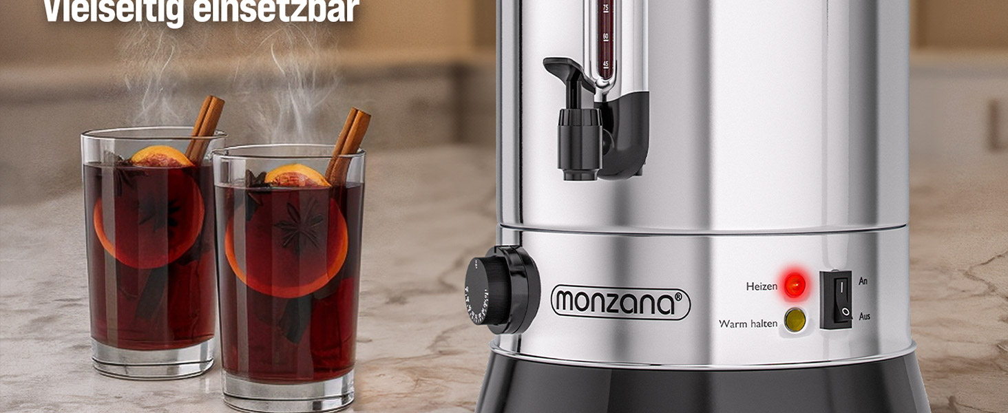 MONZANA Електричний нагрівач для глінтвейну 20 л з краном, термостатом 30-110°C, з нержавіючої сталі, на 90 чашок, для консервування, нагрівач пуншу, автомат для гарячих напоїв 20 л