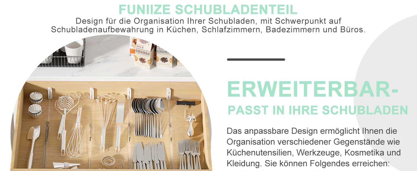 FUNIZE Регульовані роздільники для ящиків з вставками, 8 шт., роздільники 32-58 см + 16 шт. вставок 9-18 см, Органайзер для ящиків, Кухня, Спальня, Офіс, 6 см висота