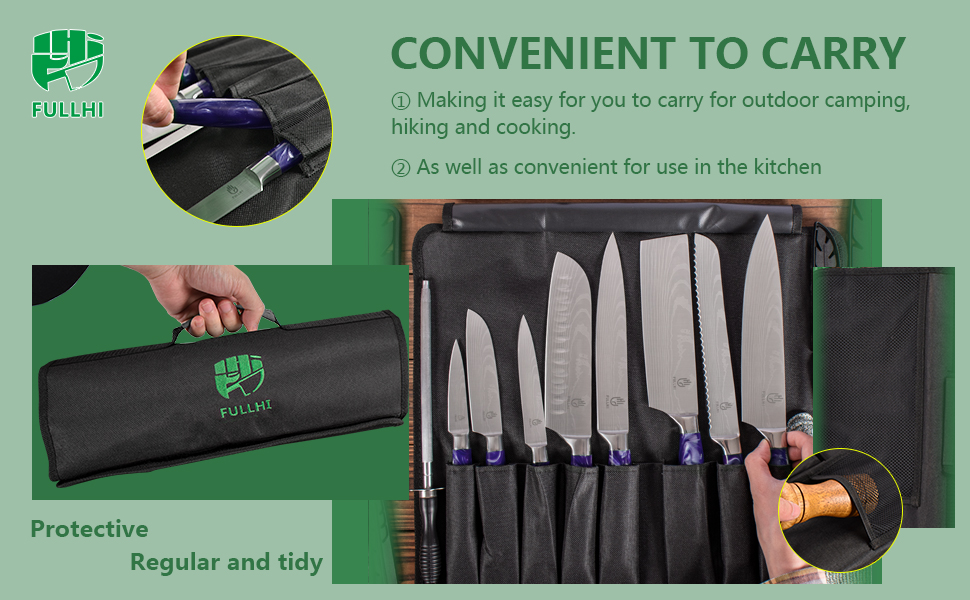 Японський набір ножів Fullhi 15 предметів з магнітним підставкою, леза з японської сталі, ергономічні ручки з фіолетового харчу, для професійної та домашньої кухні
