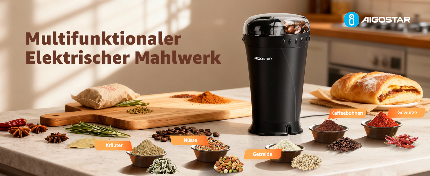Кавомолка електрична Aigostar для кави, спецій та горіхів, нержавіюча сталь, 60г, 200 Вт, чорна (2 шт)