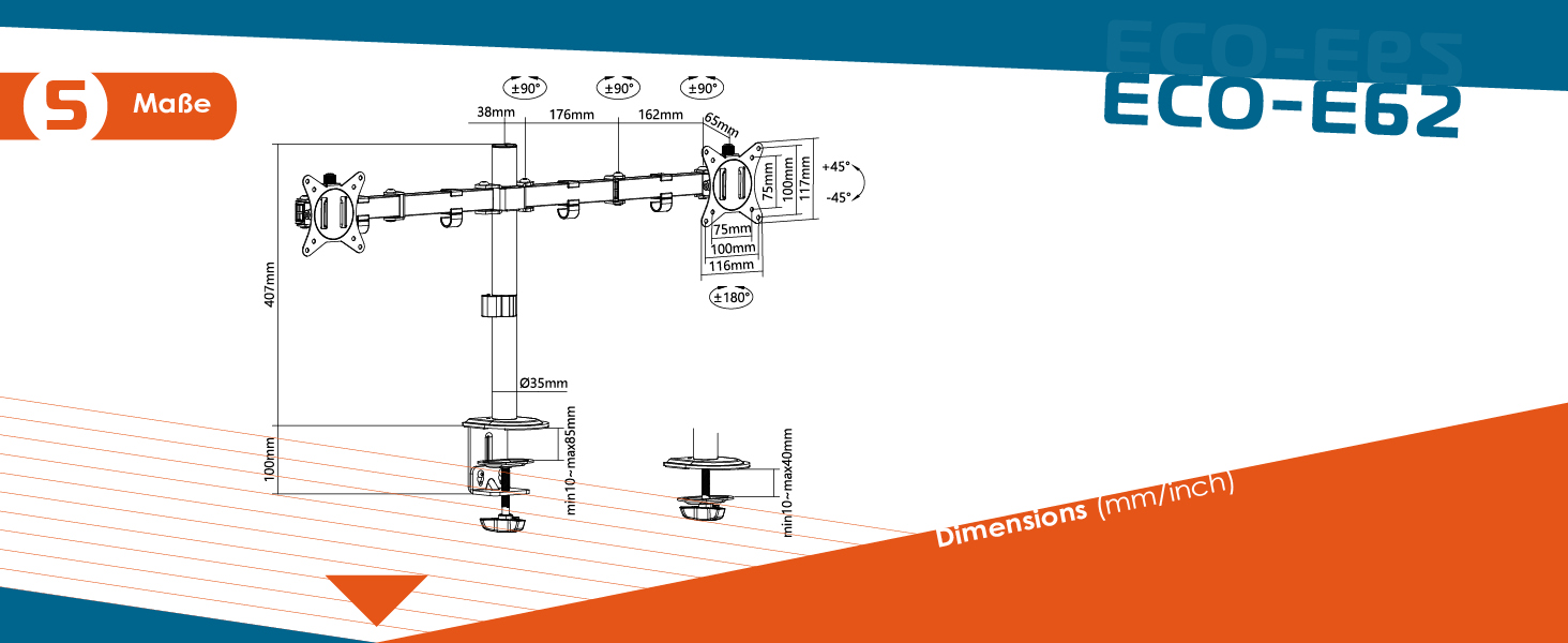 Кріплення для монітора Xantron® ECO-E62: 2 монітори (17-32 дюйми), VESA 75x75 & 100x100, для плоских та вигнутих моніторів, з монтажним комплектом