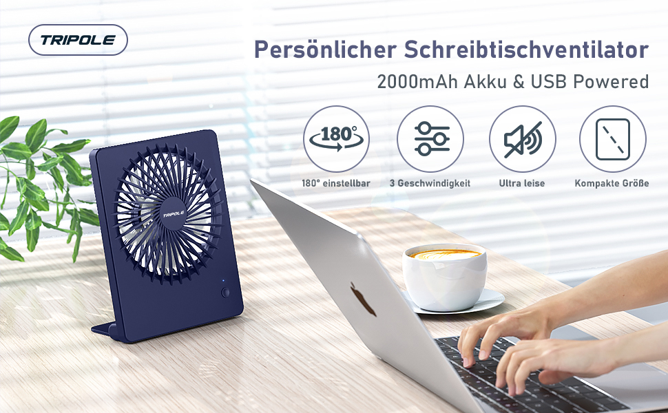 Вентилятор настільний TriPole з акумулятором USB, 2000mAh, 3 швидкості, низький рівень шуму (30дБ), кут нахилу 80°, для офісу, подорожей, темно-синій