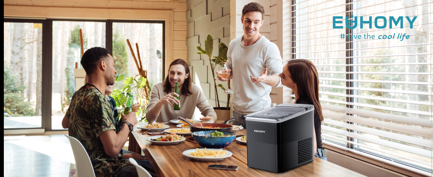 Машина для приготування льоду EUHOMY, компактний дизайн, однокнопкове керування, 9 кубиків льоду у 2 розмірах, автоматичне очищення, інтелектуальні сповіщення, прозорий кришка, чорний колір, для офісу/кухні/спальні, продуктивність 12 кг/24 год