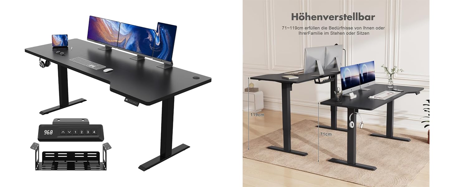 Регульований стіл JUMMICO 180 x 85 см L-подібний, електричний, для геймінгу, з гачками (чорний)