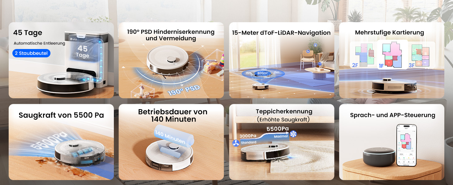 Робот-пилосос LEFANT M2 Plus з картографією, лазерною навігацією, 6000Pa, персоналізованим прибиранням, WiFi/App/Alexa, чорний