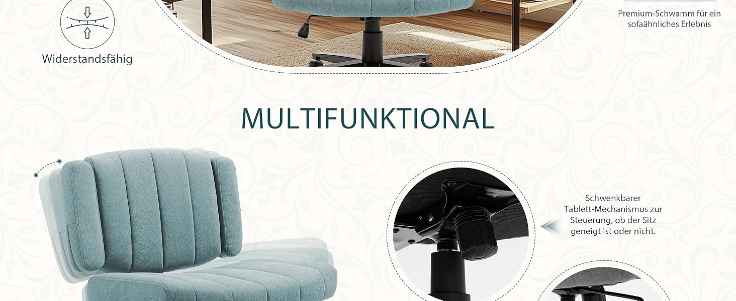 Крісло Vigosit Criss Cross з колесами, регульовані підлокітники, антиковзаюча тканина, комфортне сидіння, сучасний стиль, поворотне, для дому, туалетного столика, офісу (Сірий) (Блакитний)