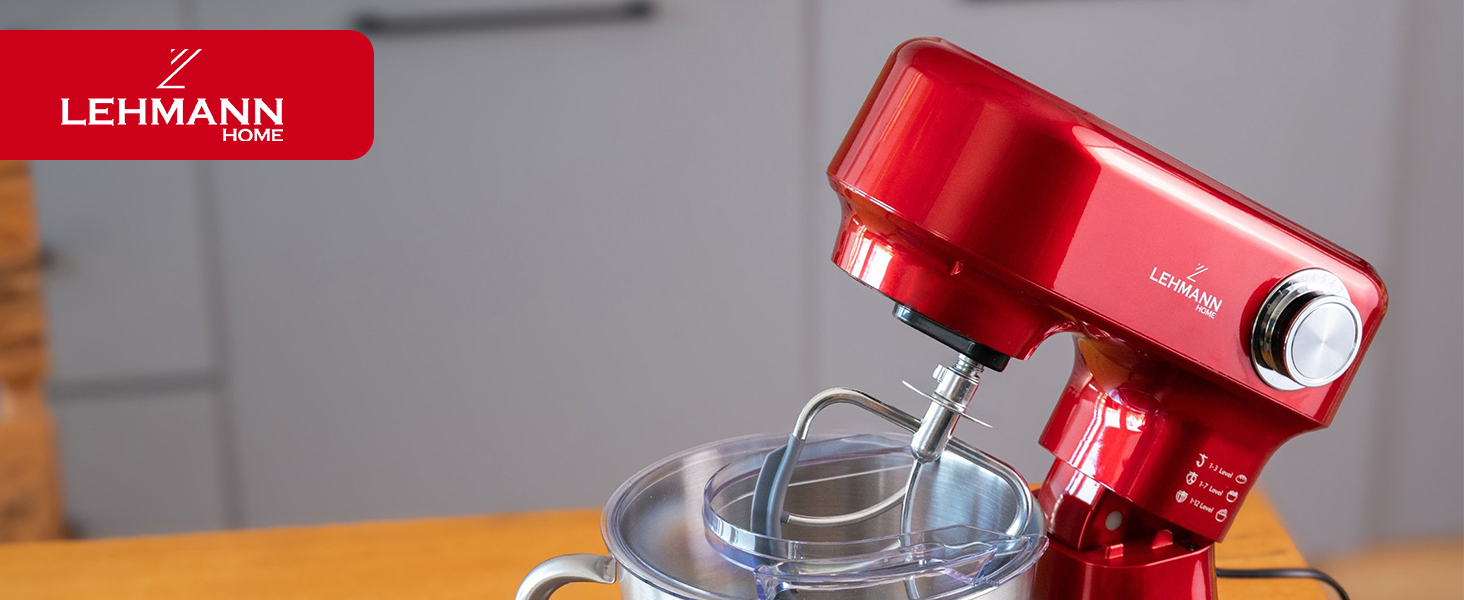 Кухонна машина Lehmann - планетарний міксер з набором аксесуарів - 3 насадки, кришка-розбризкувач, чаша 5л, 12 швидкостей, захист від перегріву, неслизька, червона