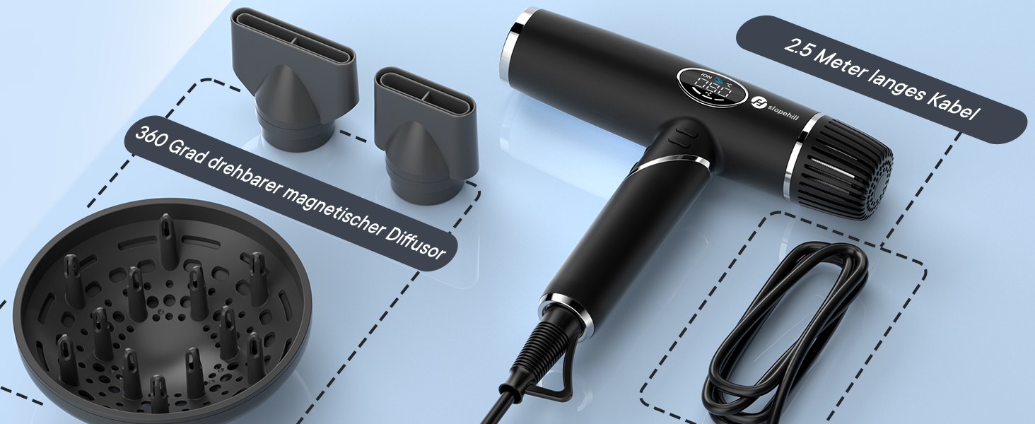 Фен для волосся Slopehill 2000W з іонізацією, безщітковим двигуном 110 000 об/хв, LCD-дисплеєм та 3 дифузорами, складаний, чорний