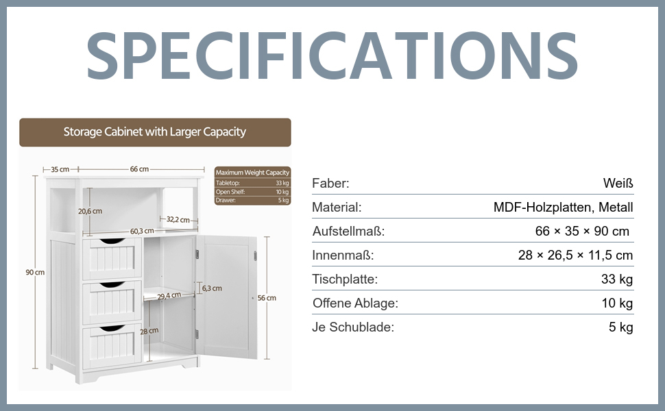 Шафка для ванної кімнати Yaheetech з 3 шухлядами та 1 дверцятами, регульовані полиці, 66 x 35 x 90 см