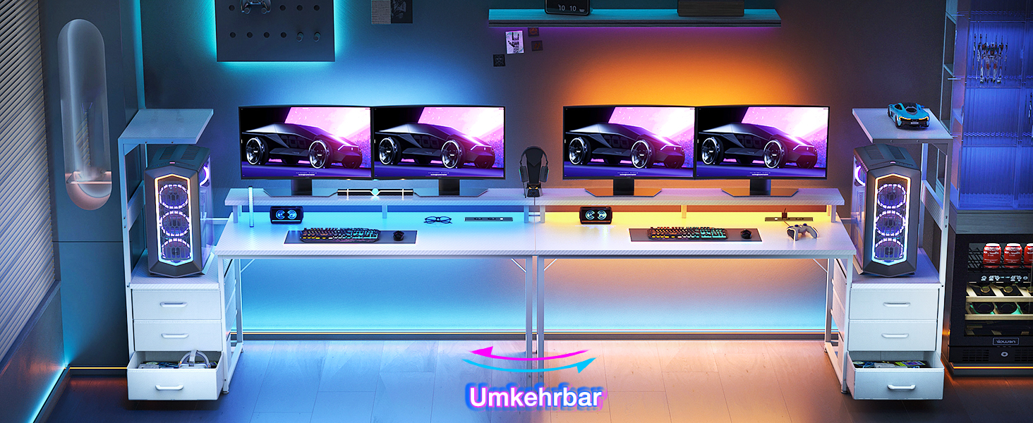 Ігровий стіл Coleshome з шухлядами, 151x50 см, з LED-підсвічуванням та розеткою, з полицями та підставкою для монітора (карбонове волокно)