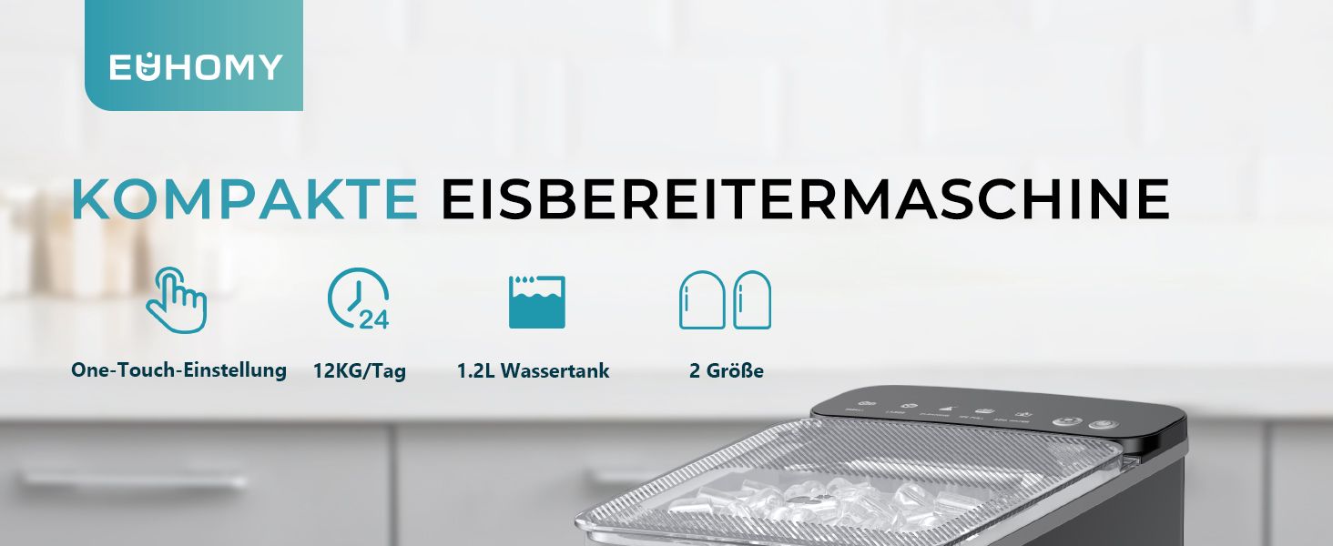 Машина для приготування льоду EUHOMY, компактний дизайн, однокнопкове керування, 9 кубиків льоду у 2 розмірах, автоматичне очищення, інтелектуальні сповіщення, прозорий кришка, чорний колір, для офісу/кухні/спальні, продуктивність 12 кг/24 год