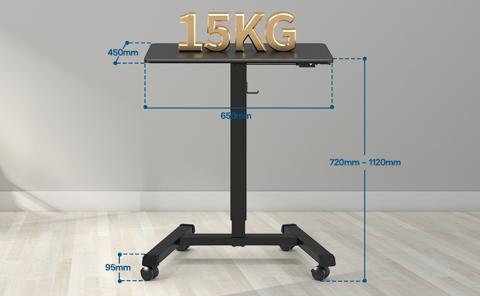 BONTEC Регульований стіл-трансформер, мобільний підйомний стіл, стіл для стоячи/сидячи, стіл над ліжком, чорний, 65x45 см, до 15 кг