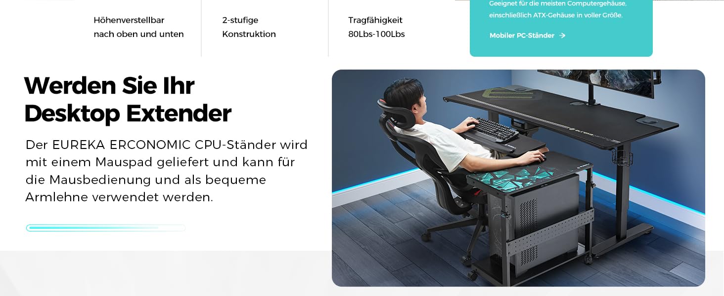 Підставка для комп'ютера EUREKA ERGONOMIC, регульована по висоті, ATX, для CPU, під стіл, з коліщатками, з підкладкою під мишу, чорна
