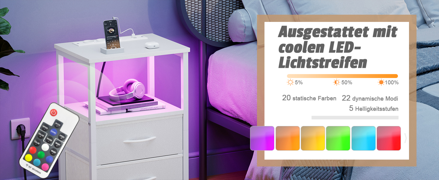 Нічний столик з LED-підсвіткою та функцією зарядки, з шухлядою, 3 розетки AC та USB, для вітальні/спальні (40T x 30B x 60H cm, Білий)