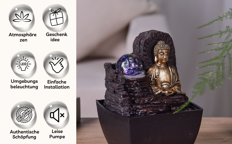 Декоративний фонтан Zen'Light Zimmerbrunnen: для дому, офісу, медитації, LED-підсвітка, H 18 см