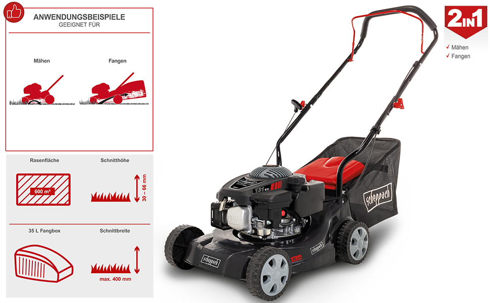 Бензиновий газонокосарка Scheppach MP132-40 - 3.3 PS, ширина 40 см, 3 положення висоти стрижки, кошик 35 л, легкий та компактний, великі колеса, Solo