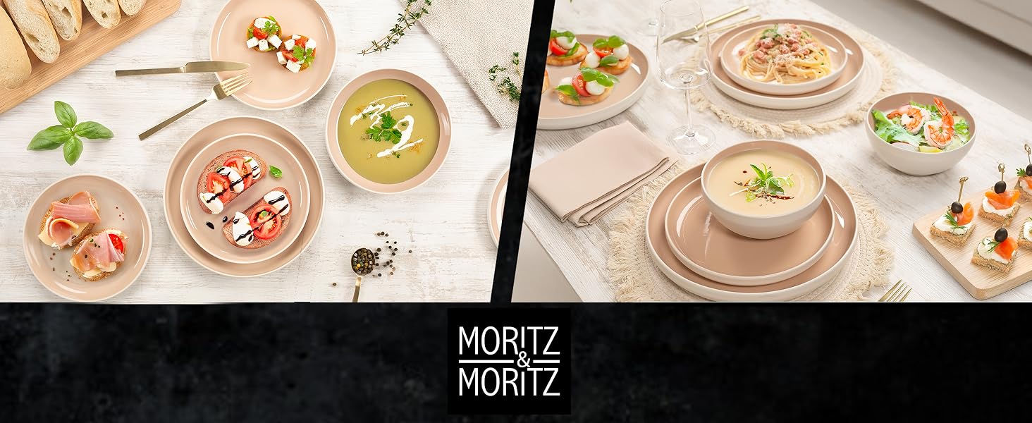 Набір посуду Moritz & Moritz Cavo Steingut на 6 осіб (18 предметів) - Сучасний сервіз з кераміки, комплект тарілок та мисок, кавовий сервіз (Колір: Мигдаль)