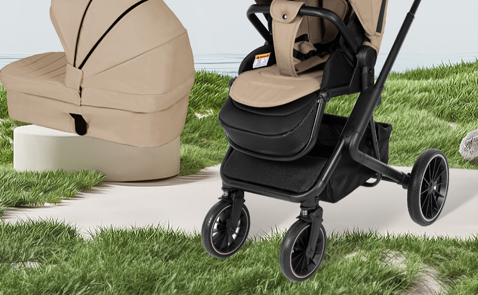 Дитяча коляска 2-в-1 BabyVoyage з люлькою та прогулянковим блоком, поворотні колеса 360°, амортизація, регульована ручка, складана, колір зелений (хакі)