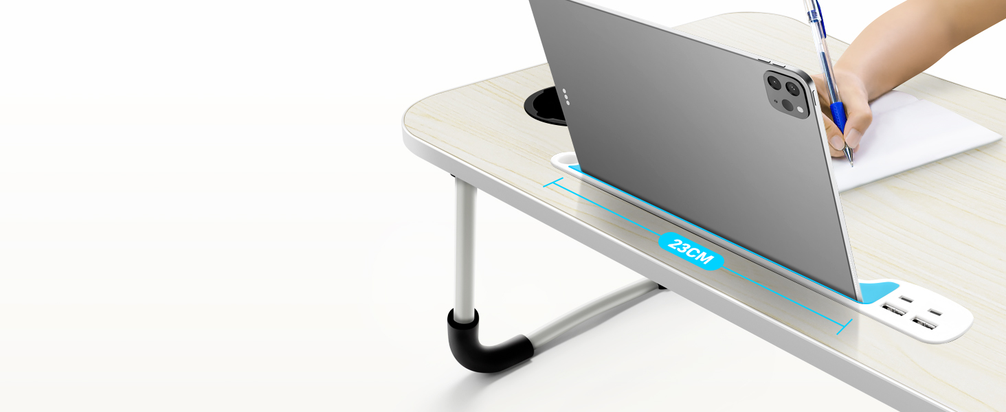 Стіл для ноутбука в ліжко/на диван, складаний, з USB-портами, ящиком та підставкою для планшета (60 x 40 см, білий)