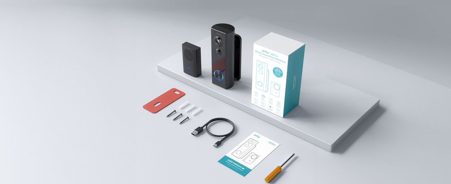 Відеодзвінок XTU з Wi-Fi, камера 4MP HD, бездротовий, з гонгом, PIR-датчик, нічне бачення, 2-сторонній аудіо, сумісний з Alexa, чорний