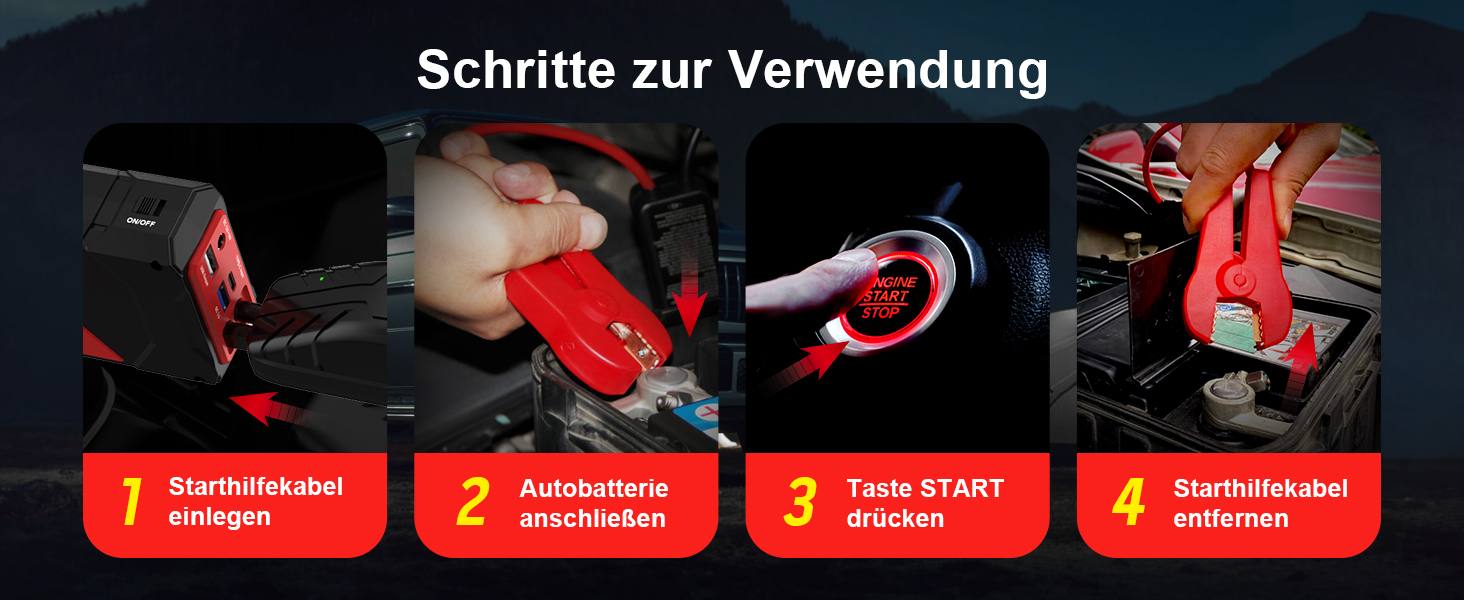 Портативний акумулятор-пусковий пристрій POWKEY для автомобілів, 2000A, 12V, з LED-ліхтариком та 2 USB-виходами (червоний)